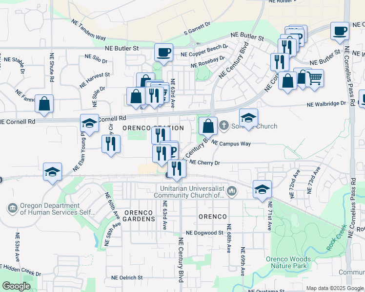 map of restaurants, bars, coffee shops, grocery stores, and more near 1170 Northeast 64th Lane in Hillsboro