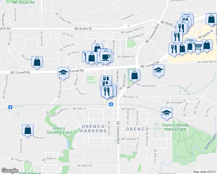 map of restaurants, bars, coffee shops, grocery stores, and more near 6290 Northeast Carillion Drive in Hillsboro