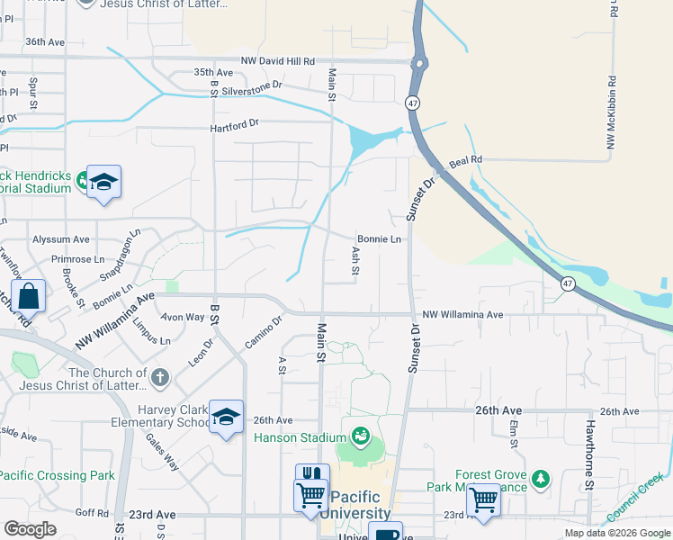 map of restaurants, bars, coffee shops, grocery stores, and more near 3037 Pepperidge Court in Forest Grove