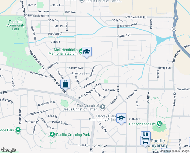 map of restaurants, bars, coffee shops, grocery stores, and more near 1471 Primrose Lane in Forest Grove
