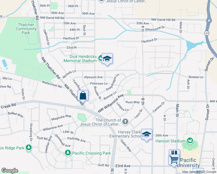 map of restaurants, bars, coffee shops, grocery stores, and more near 1471 Primrose Lane in Forest Grove