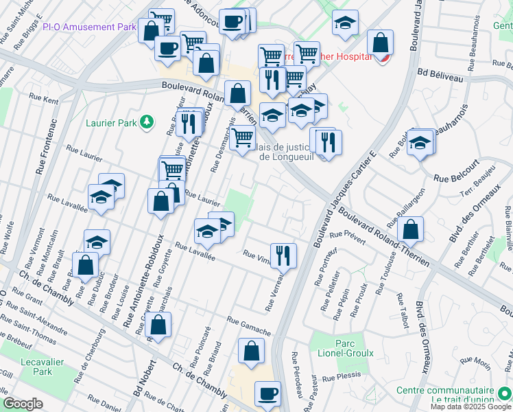 map of restaurants, bars, coffee shops, grocery stores, and more near 555 Rue Villeray in Longueuil