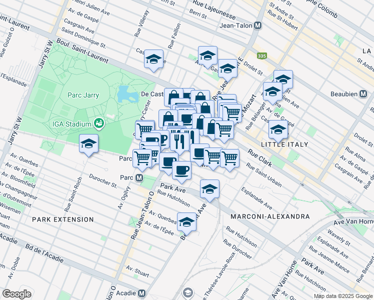 map of restaurants, bars, coffee shops, grocery stores, and more near 7140 Rue Alexandra in Montreal