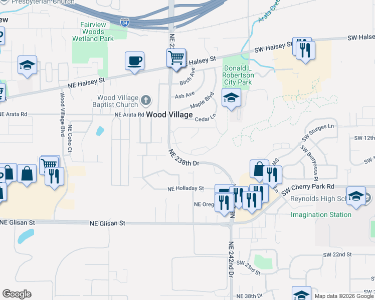 map of restaurants, bars, coffee shops, grocery stores, and more near 23938 Poplar Court in Wood Village