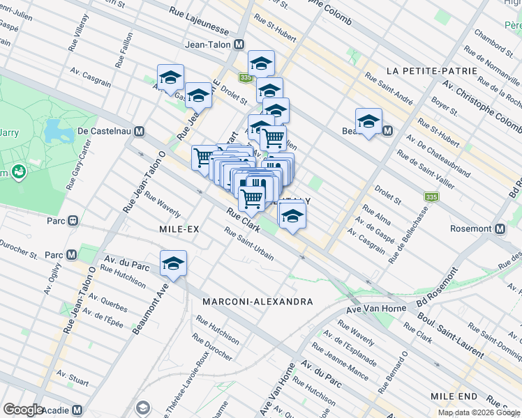 map of restaurants, bars, coffee shops, grocery stores, and more near 6725 Boulevard Saint-Laurent in Montréal