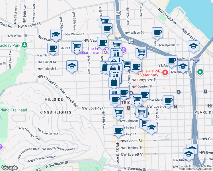 map of restaurants, bars, coffee shops, grocery stores, and more near 2371 Northwest Overton Street in Portland