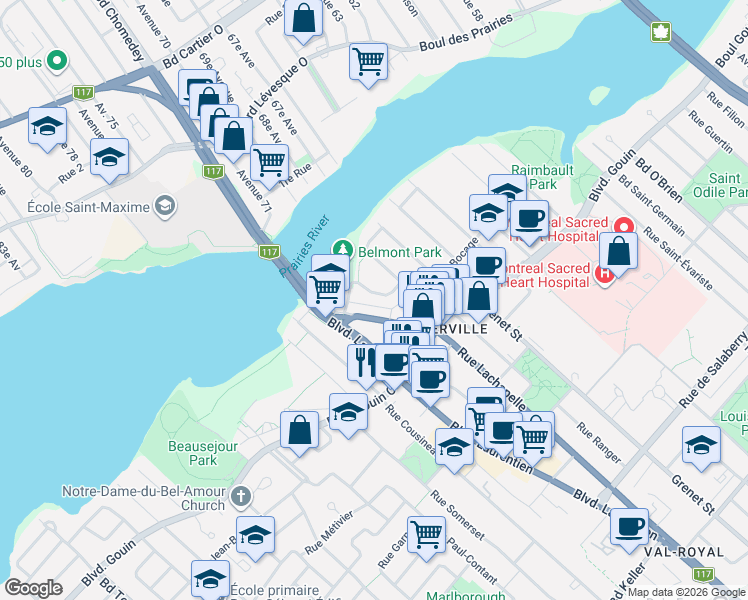 map of restaurants, bars, coffee shops, grocery stores, and more near 12540 Rue Odette-Oligny in Montréal