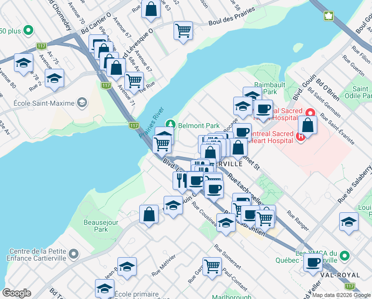 map of restaurants, bars, coffee shops, grocery stores, and more near 12540 Rue Odette-Oligny in Montréal