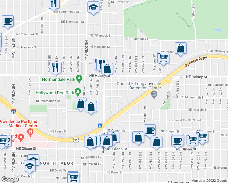 map of restaurants, bars, coffee shops, grocery stores, and more near 6114 Northeast Wasco Street in Portland