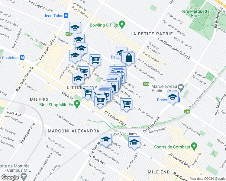 map of restaurants, bars, coffee shops, grocery stores, and more near 207 Rue Beaubien Est in Montréal