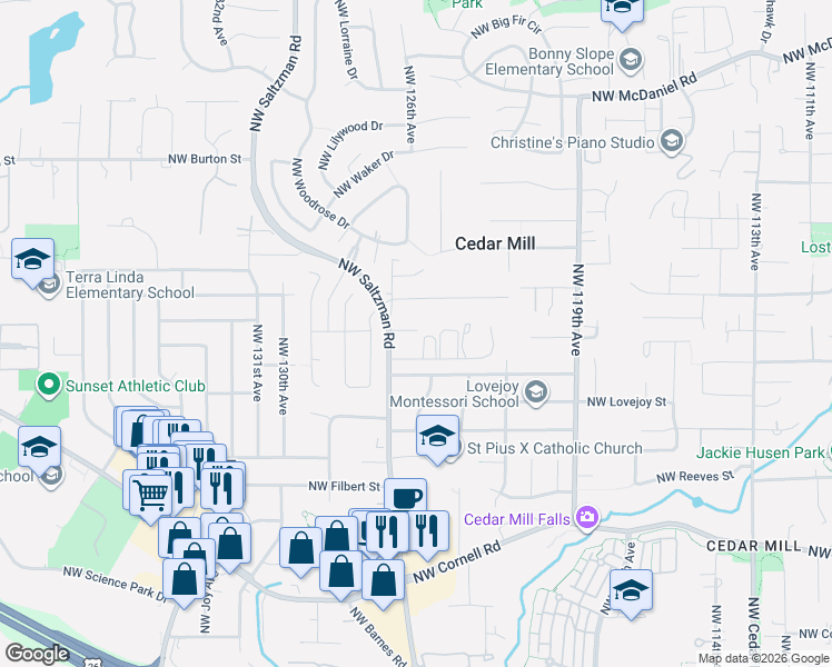 map of restaurants, bars, coffee shops, grocery stores, and more near 1780 Northwest Saltzman Road in Portland