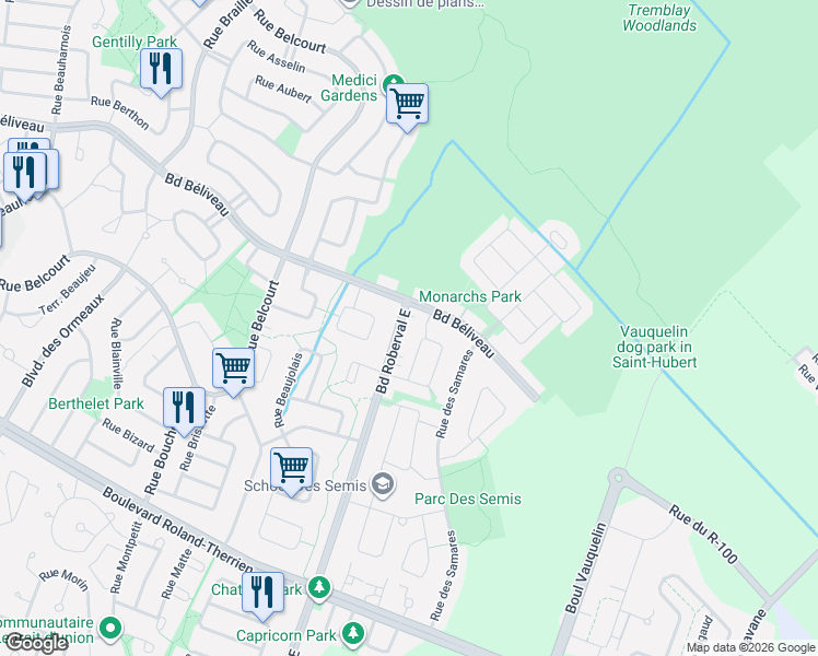 map of restaurants, bars, coffee shops, grocery stores, and more near 1610 Boulevard Roberval Est in Longueuil