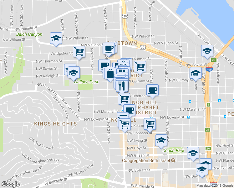 map of restaurants, bars, coffee shops, grocery stores, and more near 2341 Northwest Overton Street in Portland