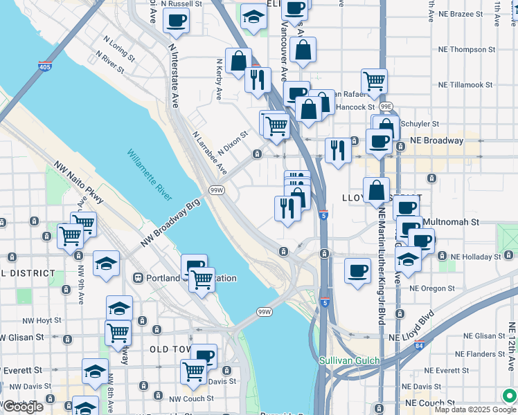 map of restaurants, bars, coffee shops, grocery stores, and more near 300 N Ramsay Way in Portland