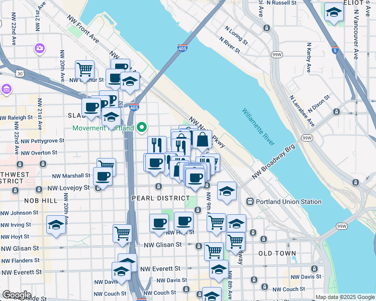map of restaurants, bars, coffee shops, grocery stores, and more near in Portland