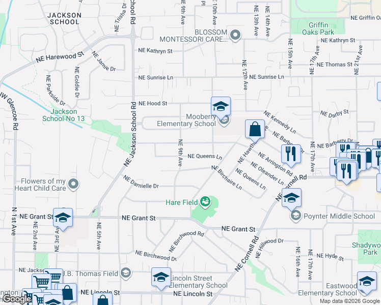 map of restaurants, bars, coffee shops, grocery stores, and more near 937 Northeast Queens Lane in Hillsboro