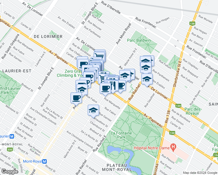 map of restaurants, bars, coffee shops, grocery stores, and more near 1809 Rue Marie-Anne Est in Montréal