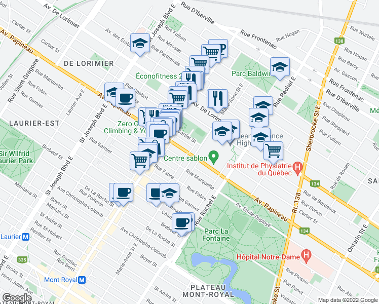 map of restaurants, bars, coffee shops, grocery stores, and more near 4371 Avenue Papineau in Montréal