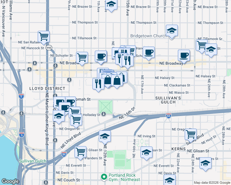 map of restaurants, bars, coffee shops, grocery stores, and more near 1001 Lloyd Center in Portland