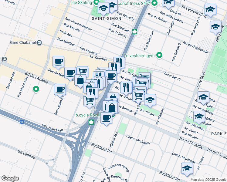 map of restaurants, bars, coffee shops, grocery stores, and more near 8683 Wiseman Avenue in Montreal