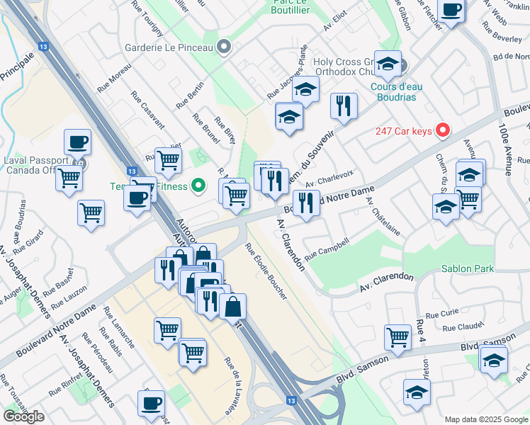 map of restaurants, bars, coffee shops, grocery stores, and more near 5305 Boulevard Notre Dame in Laval