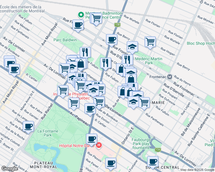 map of restaurants, bars, coffee shops, grocery stores, and more near 2415 Rue Parthenais in Montrã©Al