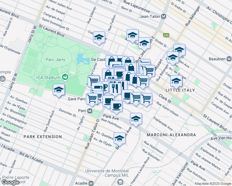 map of restaurants, bars, coffee shops, grocery stores, and more near 7172 Rue Alexandra in Montréal