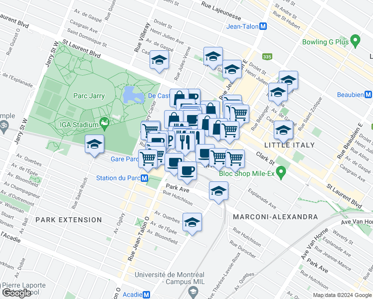 map of restaurants, bars, coffee shops, grocery stores, and more near 7172 Rue Alexandra in Montréal