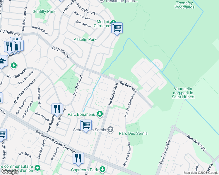 map of restaurants, bars, coffee shops, grocery stores, and more near 1638 Rue du Bordelais in Longueuil