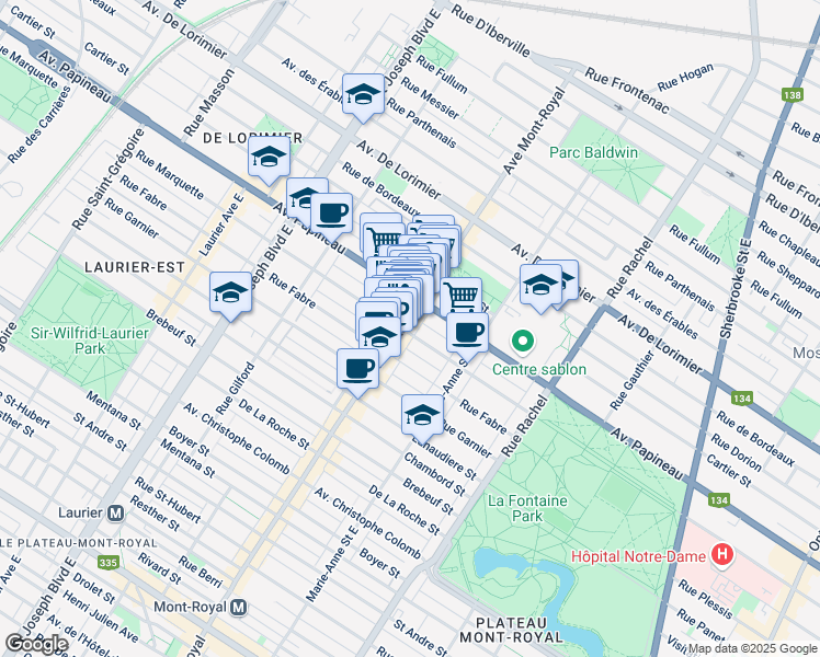 map of restaurants, bars, coffee shops, grocery stores, and more near in Montreal