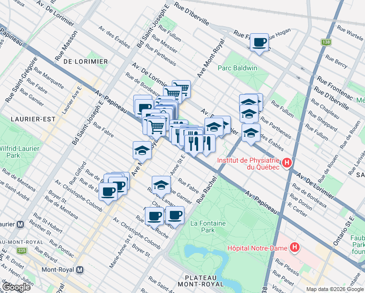 map of restaurants, bars, coffee shops, grocery stores, and more near 4371 Avenue Papineau in Montréal