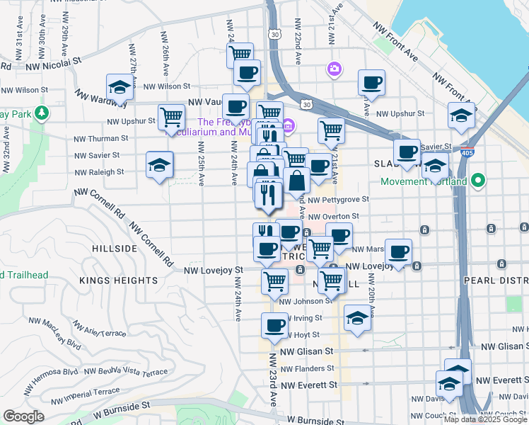 map of restaurants, bars, coffee shops, grocery stores, and more near 2315 Northwest Overton Street in Portland