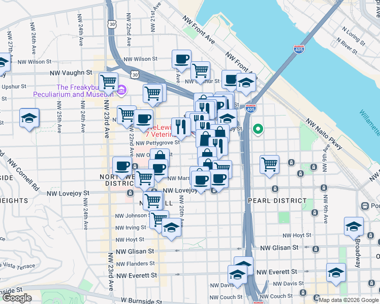 map of restaurants, bars, coffee shops, grocery stores, and more near 1953 Northwest Overton Street in Portland