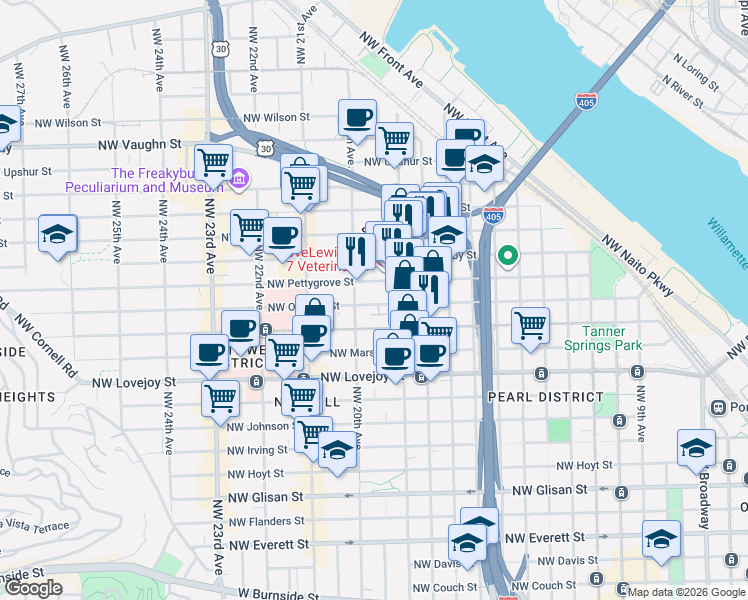 map of restaurants, bars, coffee shops, grocery stores, and more near 1953 Northwest Overton Street in Portland