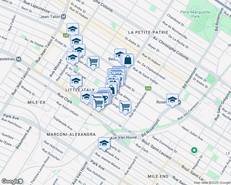 map of restaurants, bars, coffee shops, grocery stores, and more near in Montreal