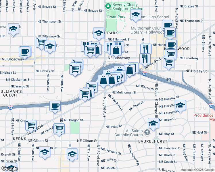 map of restaurants, bars, coffee shops, grocery stores, and more near 3235 Northeast Wasco Street in Portland