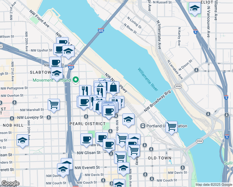 map of restaurants, bars, coffee shops, grocery stores, and more near 917 Northwest Overton Street in Portland