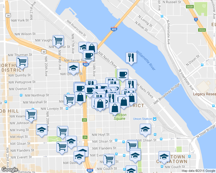 map of restaurants, bars, coffee shops, grocery stores, and more near 1161 Northwest Overton Street in Portland