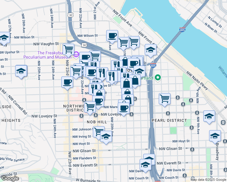 map of restaurants, bars, coffee shops, grocery stores, and more near 2010 Northwest Pettygrove Street in Portland