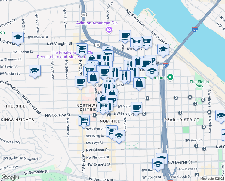 map of restaurants, bars, coffee shops, grocery stores, and more near in Portland
