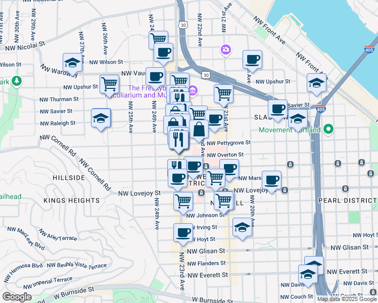 map of restaurants, bars, coffee shops, grocery stores, and more near in Portland