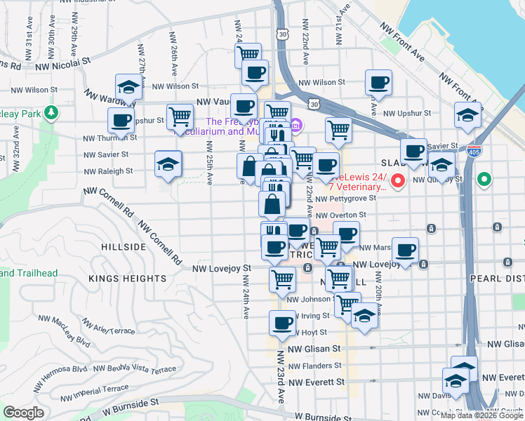 map of restaurants, bars, coffee shops, grocery stores, and more near 2356 Northwest Pettygrove Street in Portland