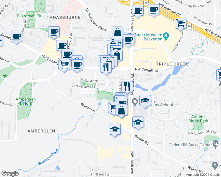 map of restaurants, bars, coffee shops, grocery stores, and more near 10566 Northeast Avery Way in Hillsboro