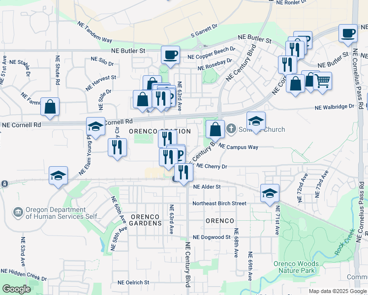 map of restaurants, bars, coffee shops, grocery stores, and more near 1170 Northeast 64th Lane in Hillsboro