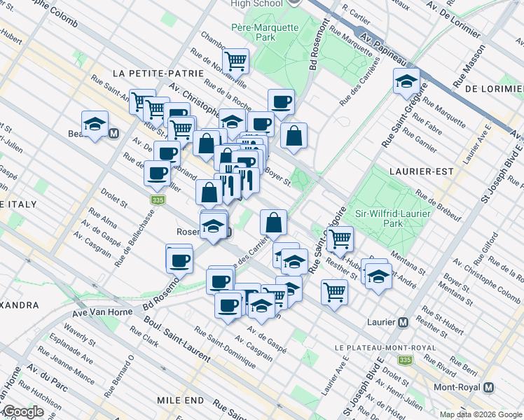map of restaurants, bars, coffee shops, grocery stores, and more near 5661 Avenue De Chateaubriand in Montréal