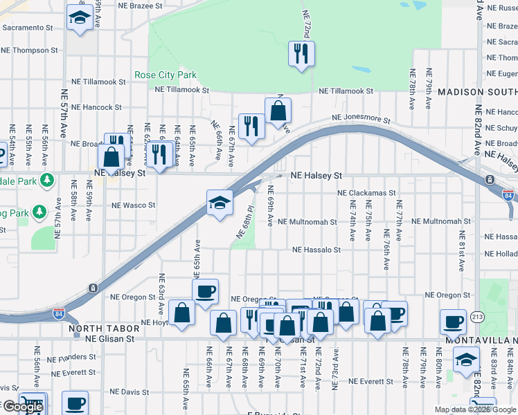 map of restaurants, bars, coffee shops, grocery stores, and more near 1300 Northeast 68th Avenue in Portland