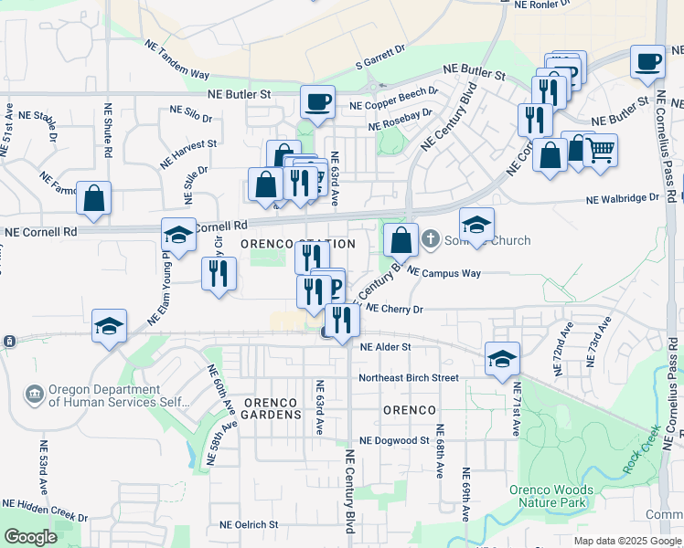 map of restaurants, bars, coffee shops, grocery stores, and more near 1170 Northeast 64th Lane in Hillsboro