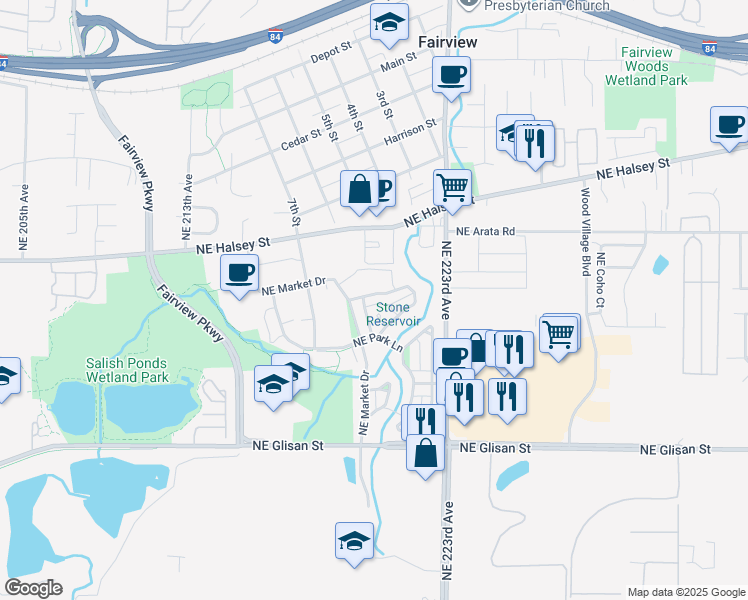 map of restaurants, bars, coffee shops, grocery stores, and more near 21989 Northeast Chinook Way in Fairview