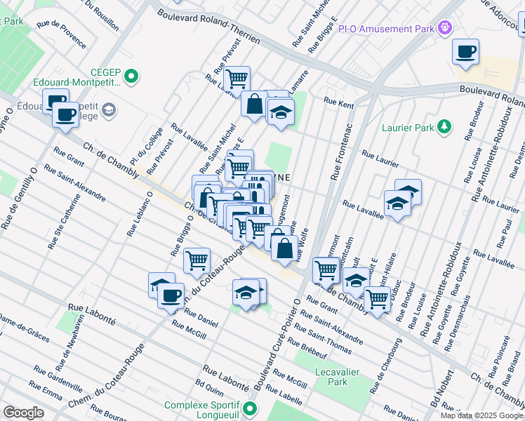 map of restaurants, bars, coffee shops, grocery stores, and more near 1401 Chemin de Chambly in Longueuil