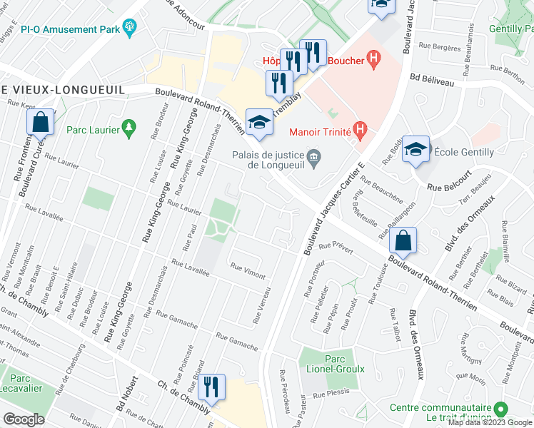 map of restaurants, bars, coffee shops, grocery stores, and more near 540 Rue Villeray in Longueuil